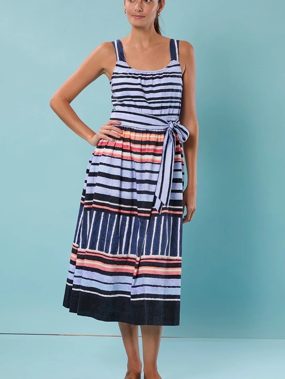 Nic+Zoe Sophie Painted Peninsula Mixed Stripe Stretch Cotton Midi Dress